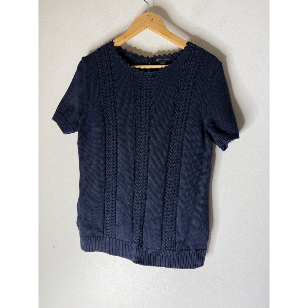 Brooks Brothers Navy Blue Cable Knit Short Sleeve Sweater Scallop Trim Large
